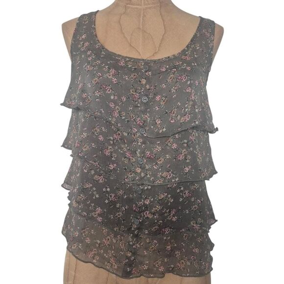 Mossimo Green Floral Tiered Tank Top Ruffle Hem Y2K Cottagecore Boho Size XS - Picture 1 of 3